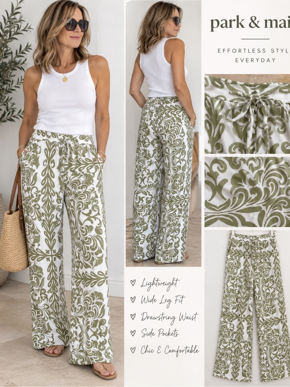 Park and Main Slightly Wide Leg Pants in Green and White Scroll Print